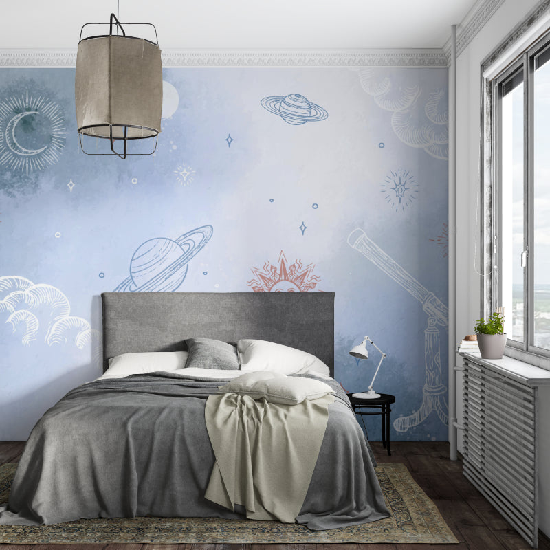 Celestial wall mural creating depth in a cozy nursery with dreamy star patterns