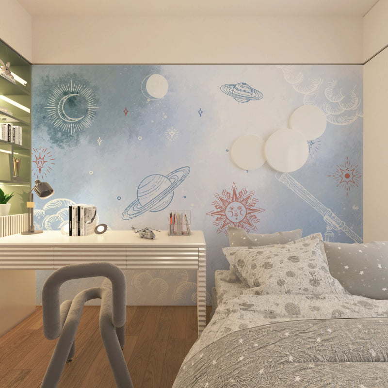 Space wallpaper transforming a playroom into an astronomical adventure zone