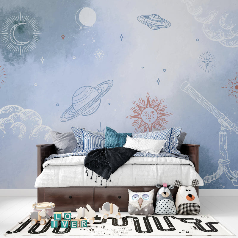 Planet wallpaper adding cosmic charm to a modern home office space