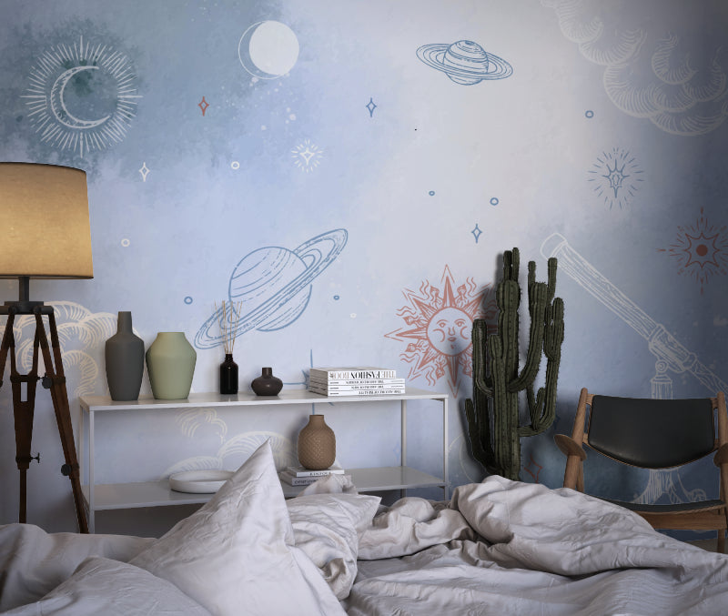 Space themed mural making a statement in a contemporary living room
