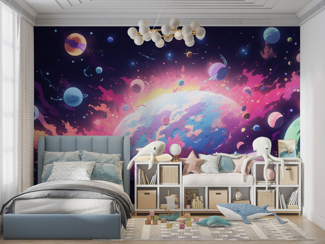 Space galaxy wallpaper mural displayed in modern kids bedroom with rocket-themed decor
