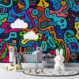 Space mural wallpaper with planets and galaxy design creating a magical atmosphere in a modern kids bedroom