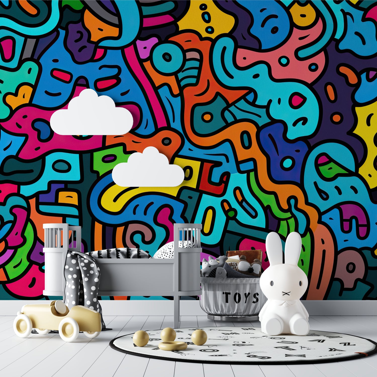 Space mural wallpaper with planets and galaxy design creating a magical atmosphere in a modern kids bedroom