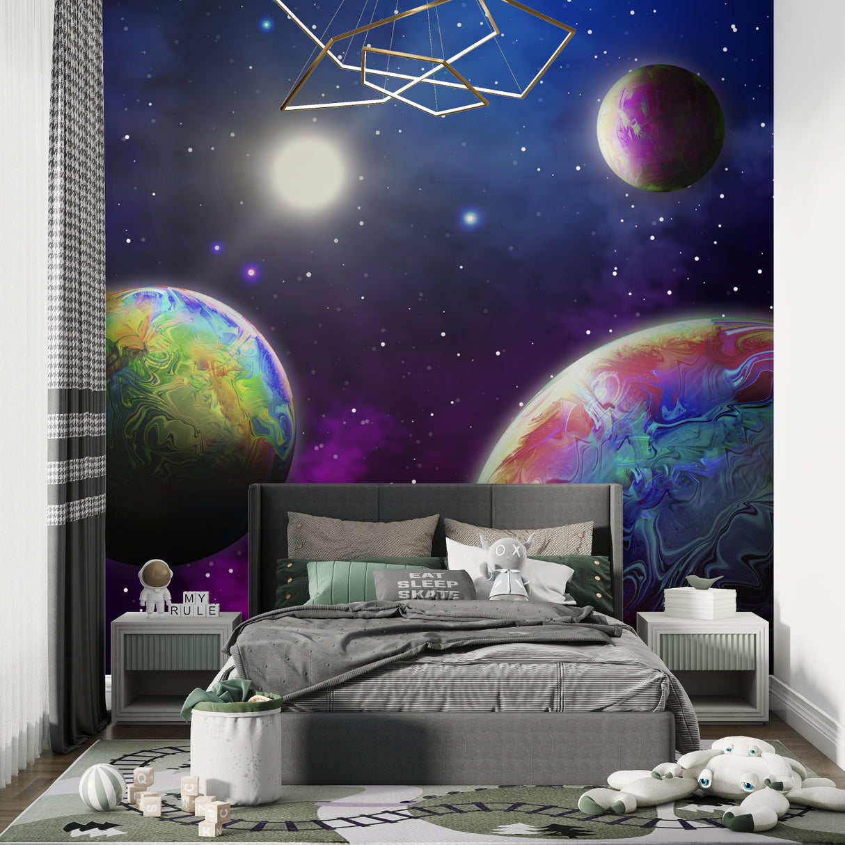 Space galaxy wallpaper creating magical atmosphere in modern kids bedroom with rocket-themed decor