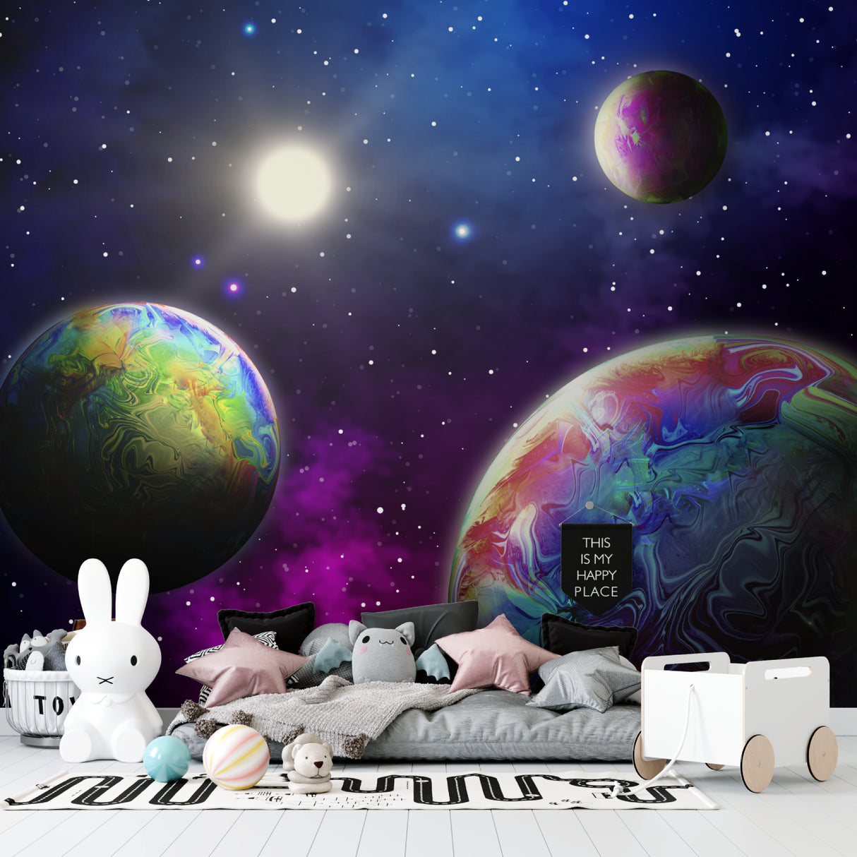 Colorful planet mural wallpaper in gaming room with LED lighting