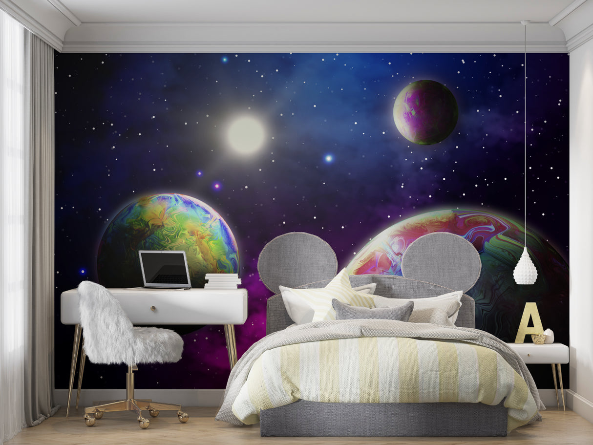 Space themed wall mural transforming playroom into cosmic adventure zone