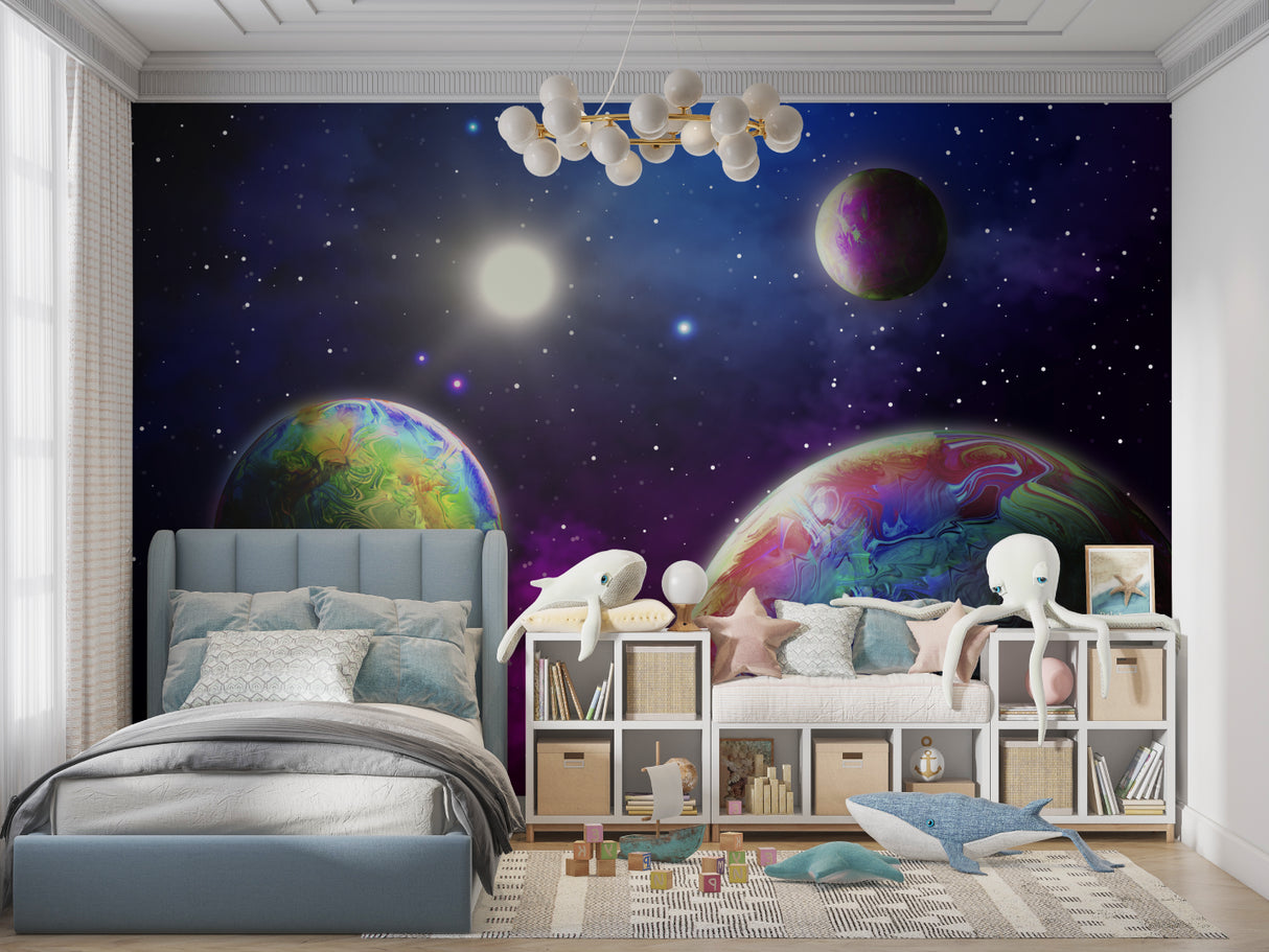 Galaxy planets wallpaper in teen bedroom with astronomy decor