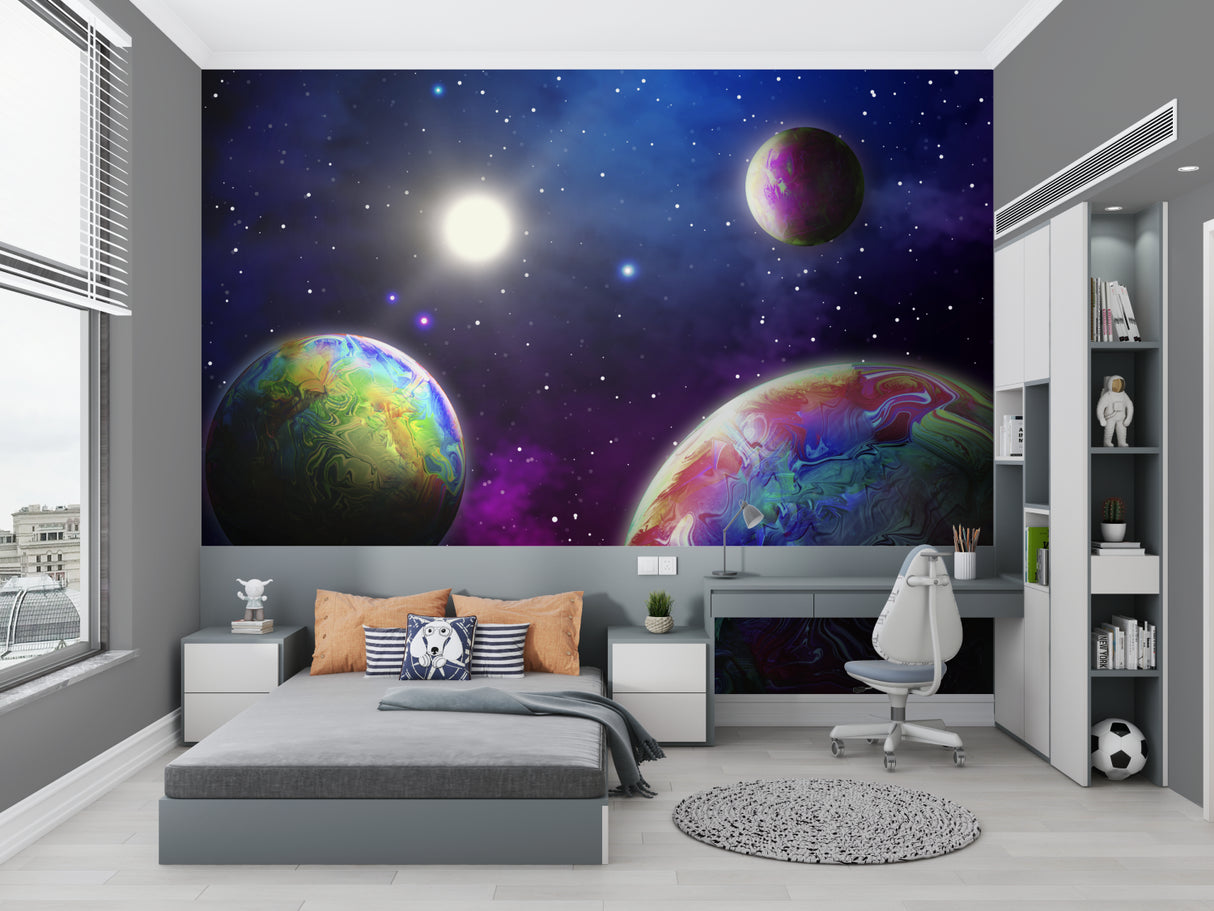 Vibrant space mural wallpaper making statement in modern home office