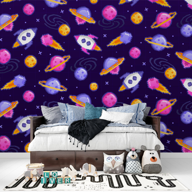 Space rocket wallpaper in modern kids bedroom showing purple and pink cosmic design