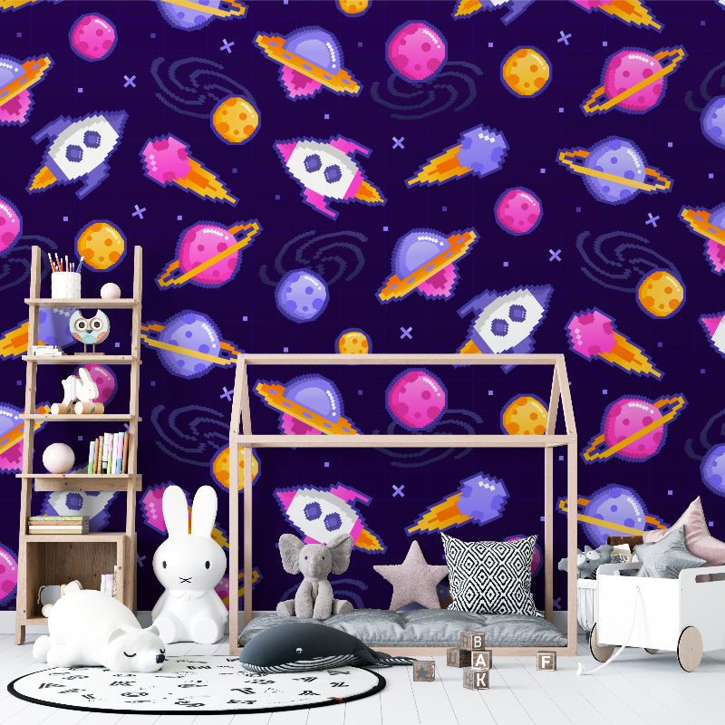 Space mural wallpaper in nursery with purple galaxy theme