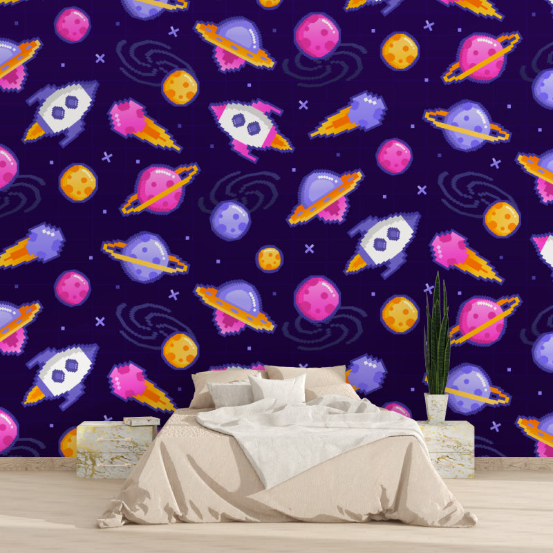 Kids study area with rocket and planet pattern wallpaper