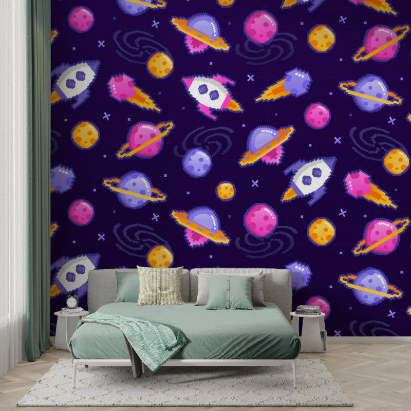 Game room showcase of space themed wall design with rockets