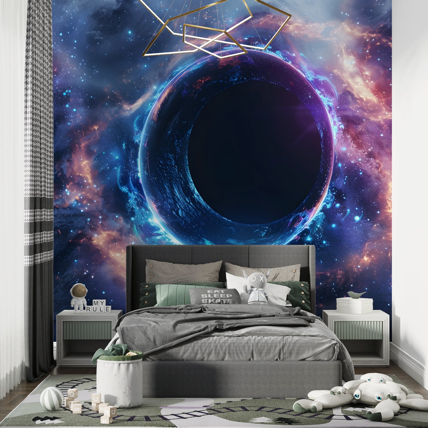 Black hole wall mural in home office showing depth effect