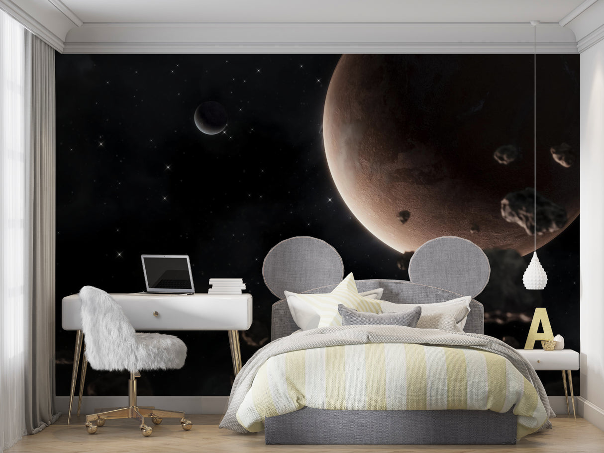 Space mural wallpaper creating a dramatic focal point in modern living room with floating planets and stars