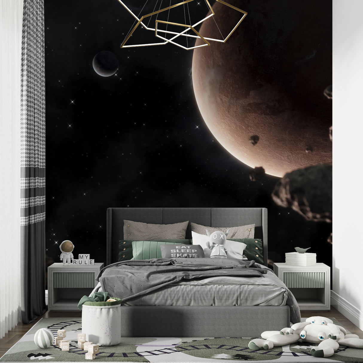 Kids bedroom transformed with cosmic planet wallpaper showing detailed celestial scene