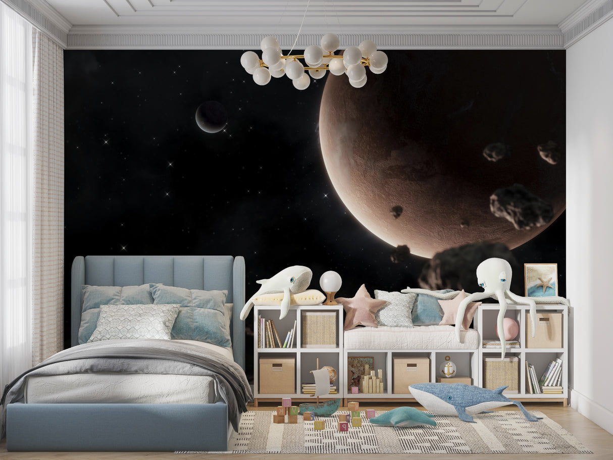 Gaming room with space wallpaper creating immersive cosmic atmosphere