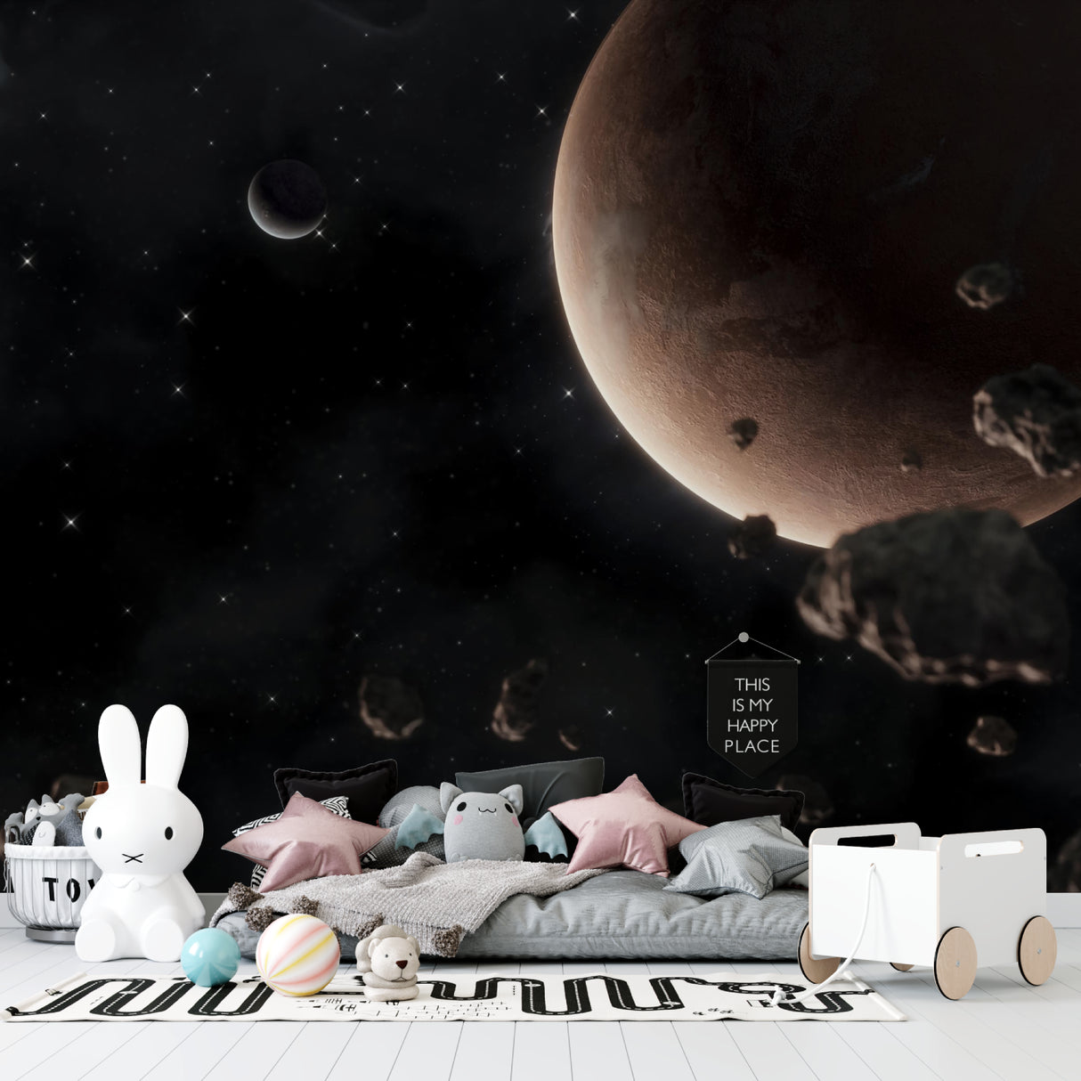 Teen bedroom showcasing planet wall mural with stunning night sky effect