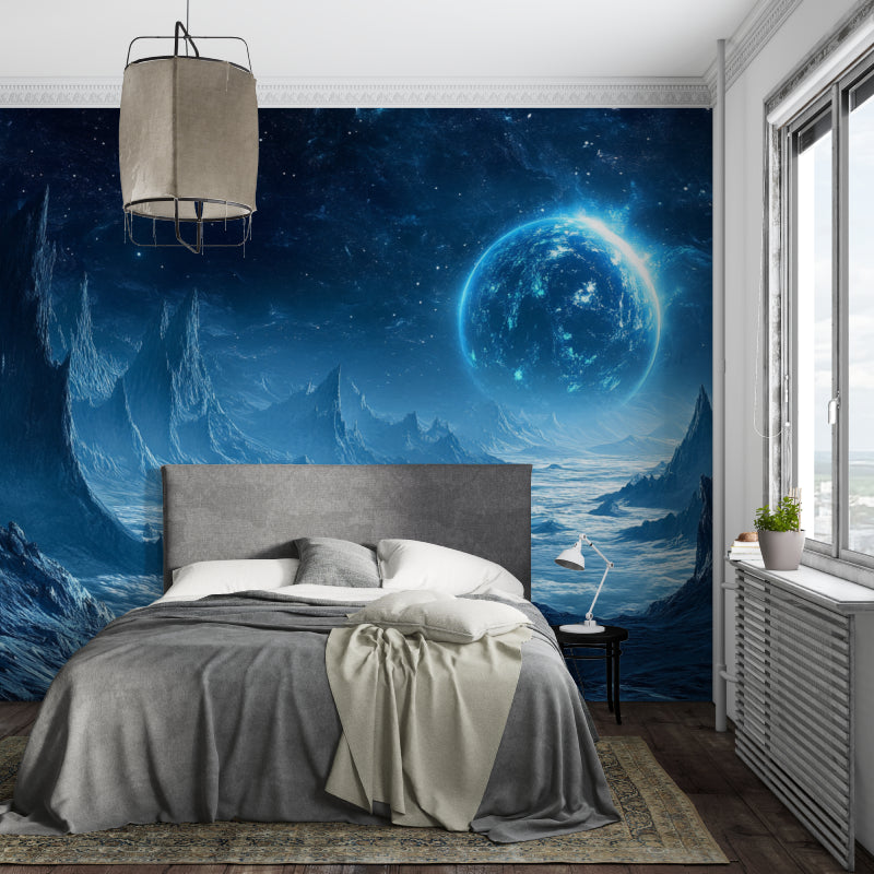 Space mural wallpaper creating cosmic atmosphere in modern bedroom with planet view