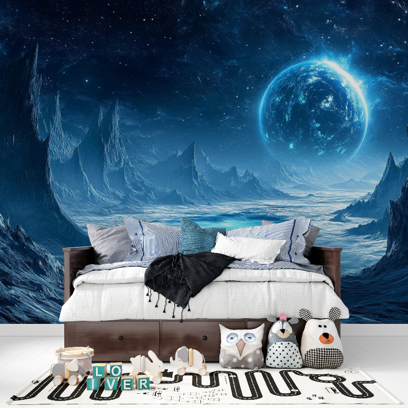 Space themed wallpaper showcased in gaming room with planetary scene