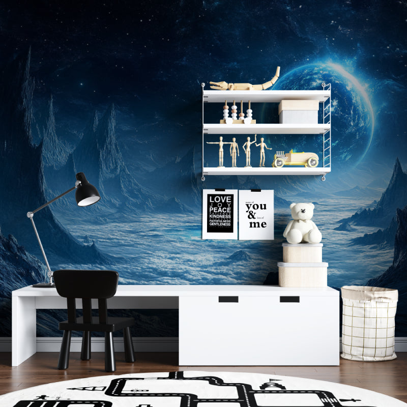 Cosmic planet wallpaper transforming home office with starry mountain view