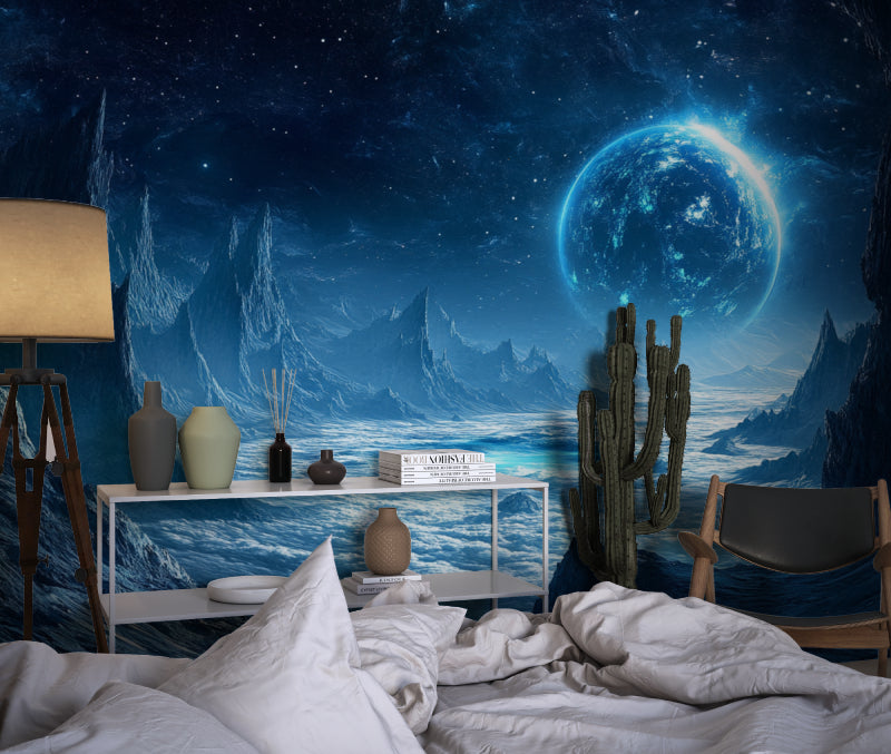 Space wall mural bringing galaxy vibes to teen bedroom with mountain landscape