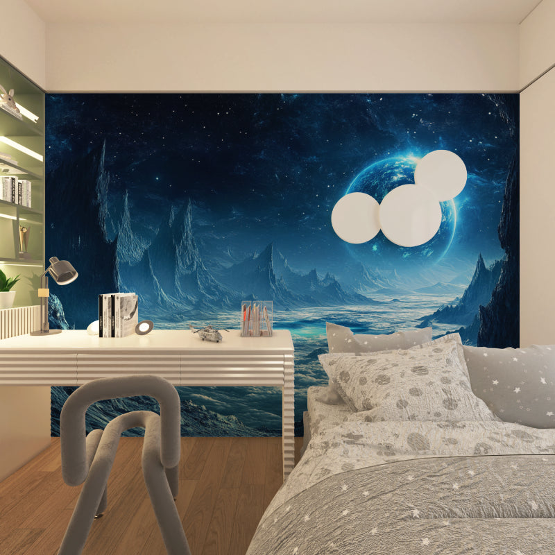 Planet wallpaper creating cosmic atmosphere in living room with mountain scene