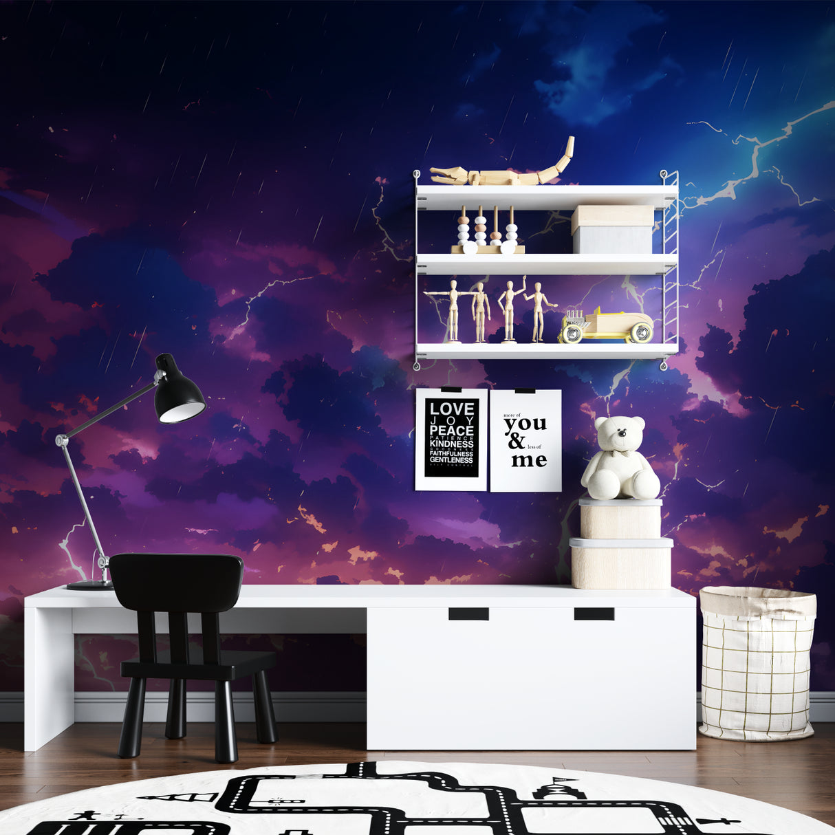 Space wallpaper mural in modern kids bedroom showing planets and astronaut design