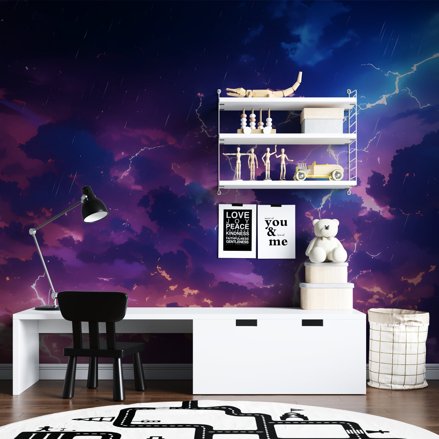 Space wallpaper mural in modern kids bedroom showing planets and astronaut design