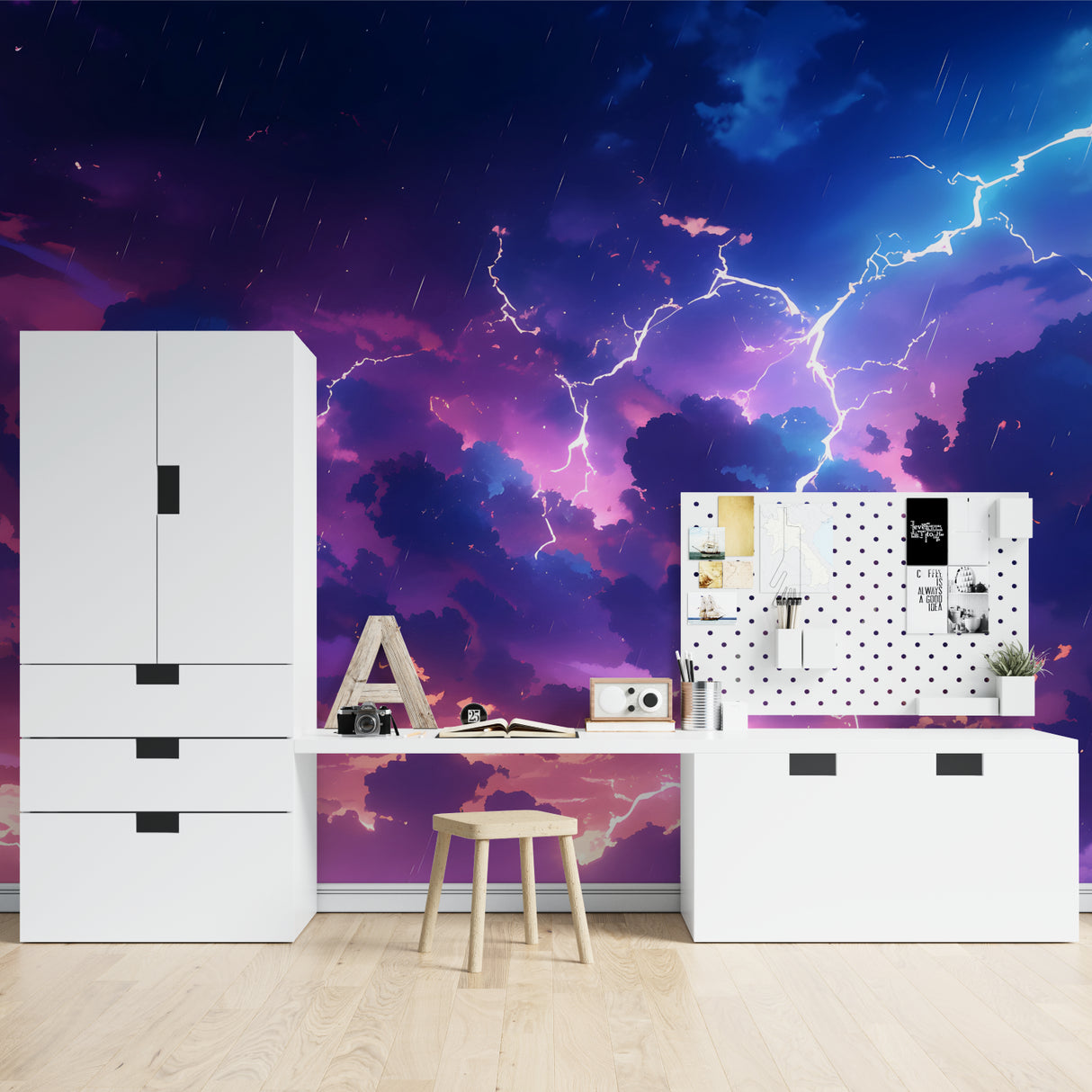 Galaxy wallpaper installation in modern nursery with stars and planets