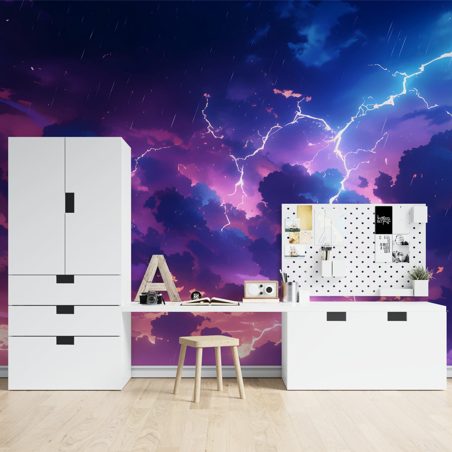 Galaxy wallpaper installation in modern nursery with stars and planets