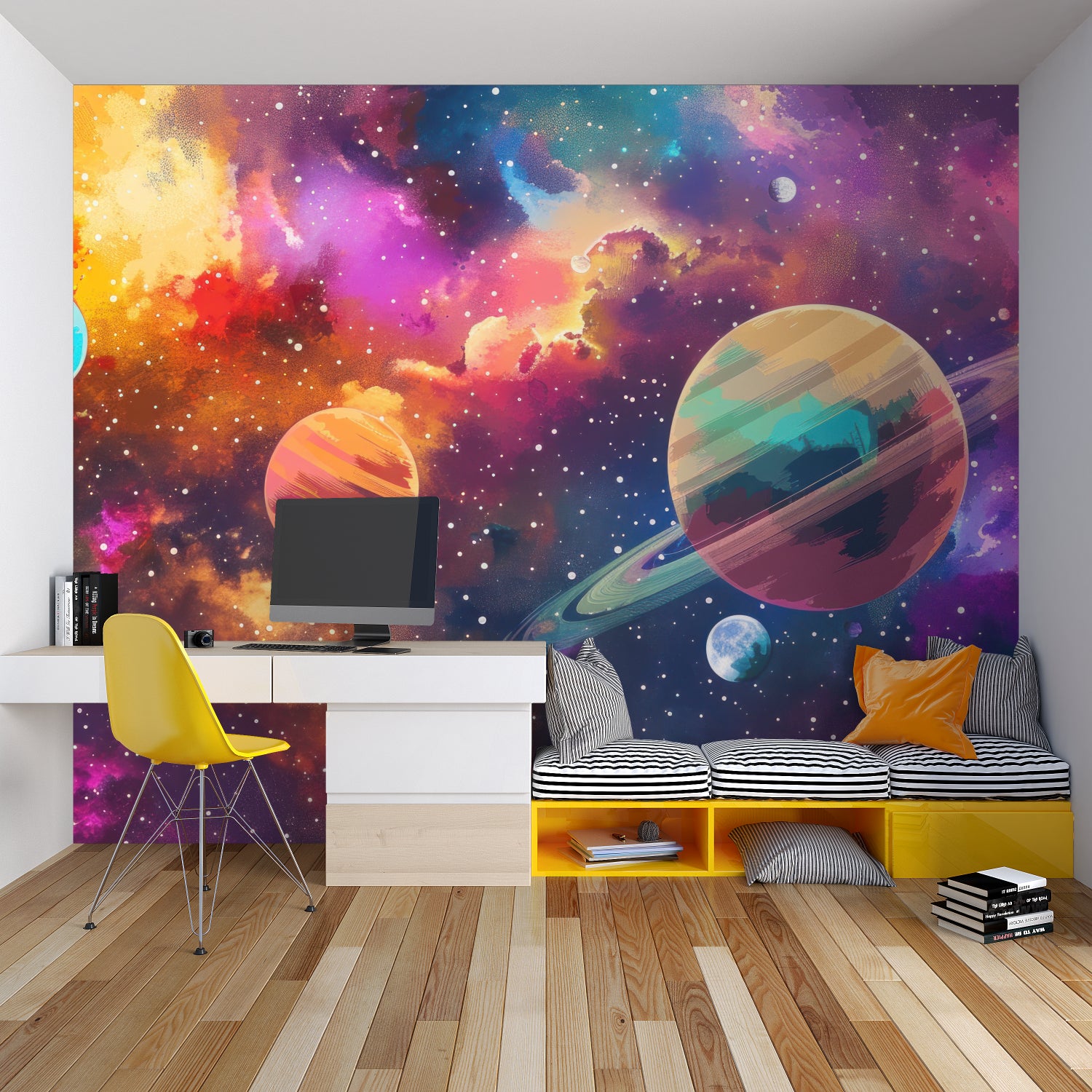 Cute planet wallpaper in cozy nursery with soft lighting