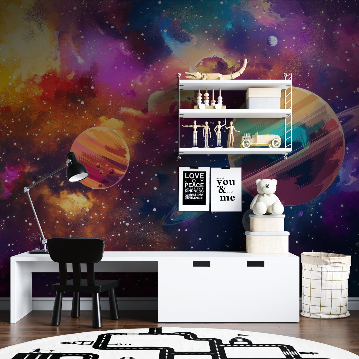 Galaxy mural wallpaper brightening playroom wall with colorful cosmic design