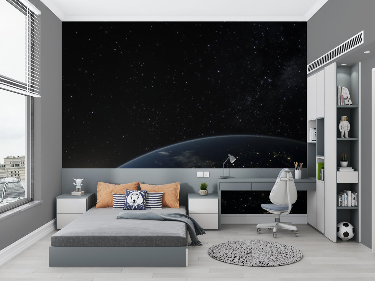 Space wallpaper in modern kids bedroom showing Earth view and twinkling stars