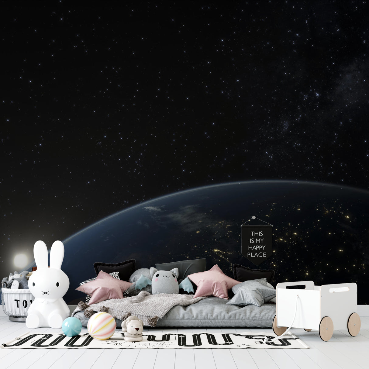 Cosmic mural wallpaper creating depth in home office with Earth view