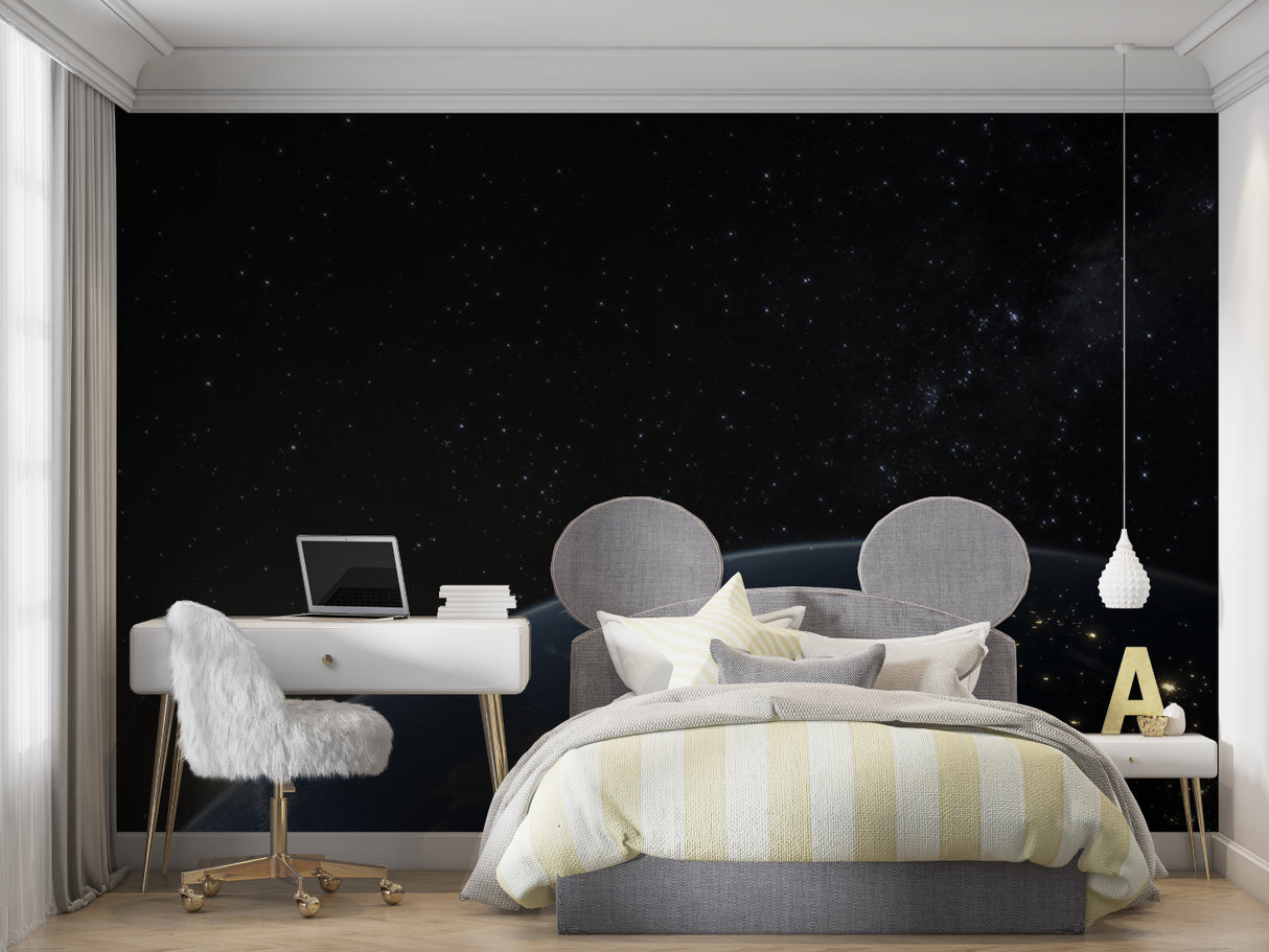 Earth view wallpaper transforming teen bedroom with space theme