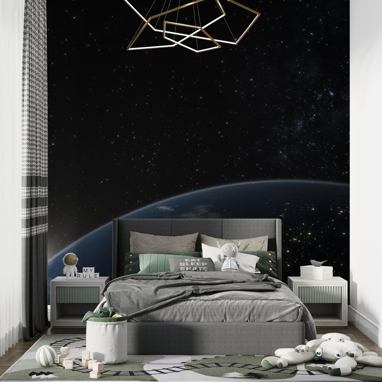Space mural creating cosmic atmosphere in playroom with Earth view