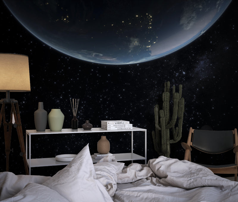 Space mural wallpaper transforming a modern bedroom with Earth view and stars