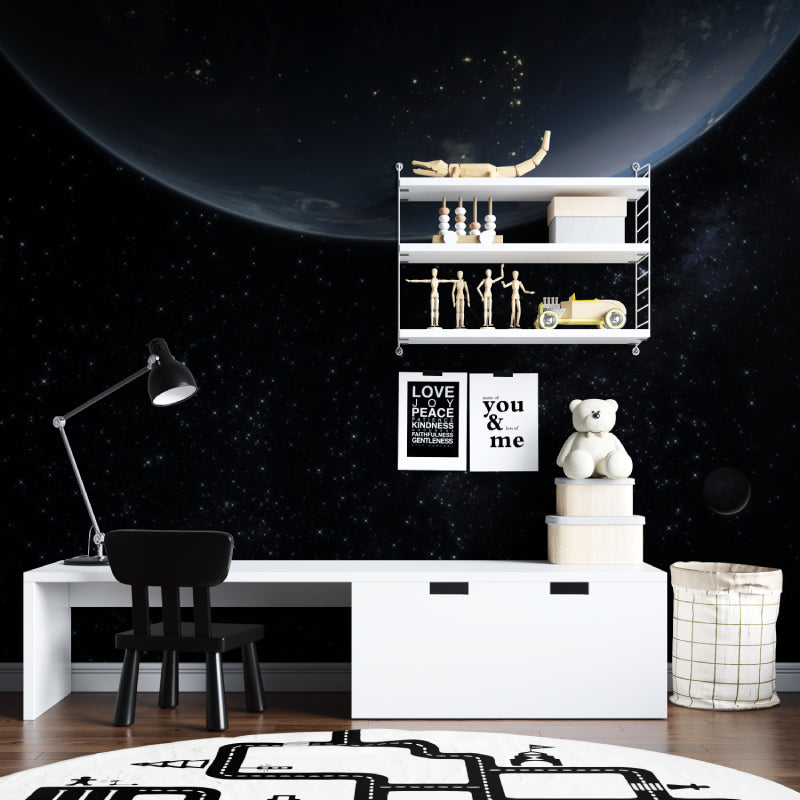 Earth view wallpaper creating depth in a home office space