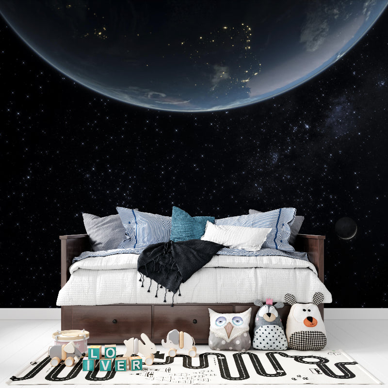 Space themed wallpaper bringing cosmic views to a living room