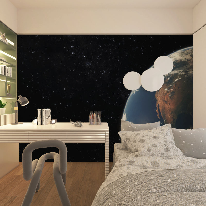 Space theme wall mural showcasing Earth in gaming room environment