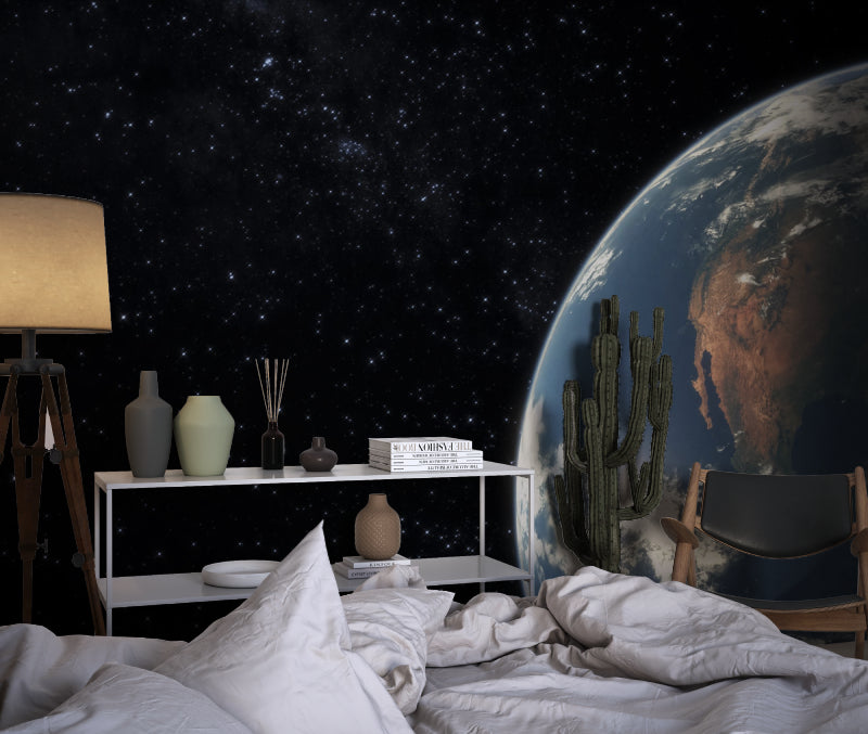 Galaxy wallpaper with Earth view creating cosmic atmosphere in teen bedroom
