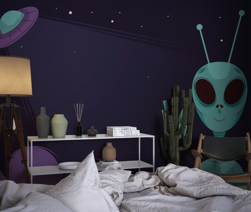 Space themed wall mural bringing cosmic adventure to playroom setting