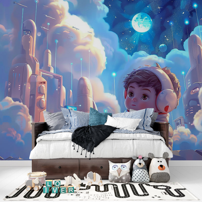 Space mural wallpaper creating a magical atmosphere in a modern kids bedroom with blue accent lighting