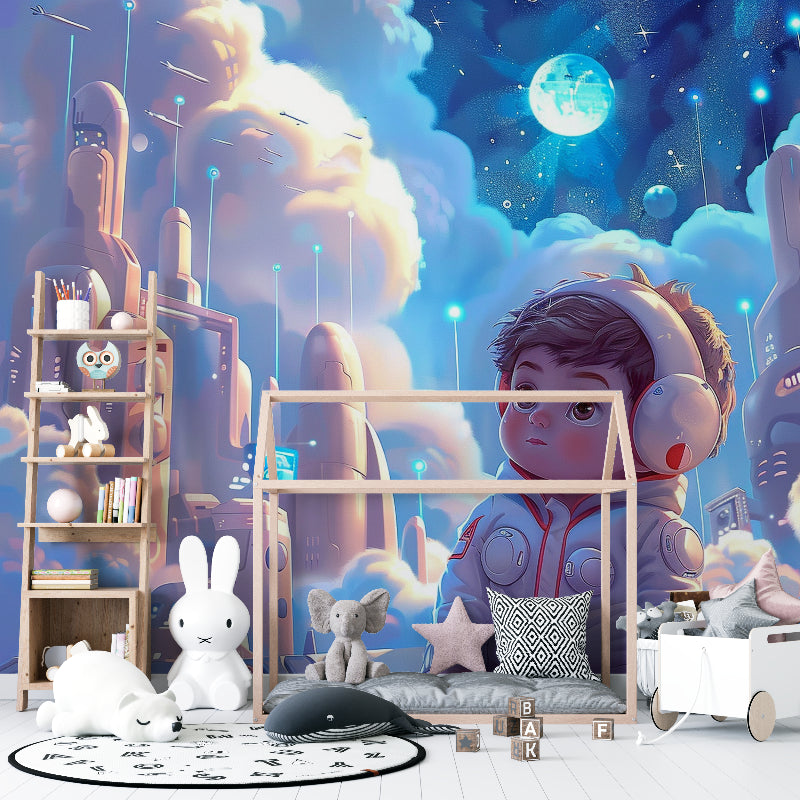 Futuristic city wallpaper transforming a teen gaming room with cosmic vibes