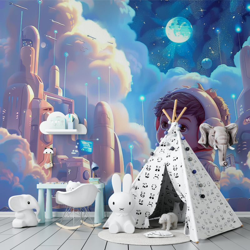 Space themed wall mural showcased in a contemporary home office setup