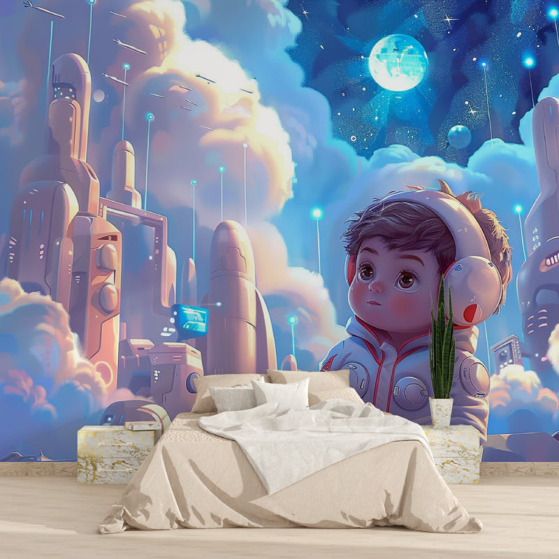 Astronaut wallpaper design bringing wonder to a child's playroom