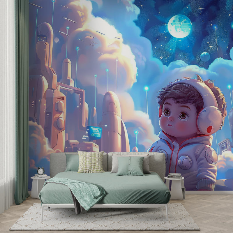 Space city mural featured in a modern living room with ambient lighting