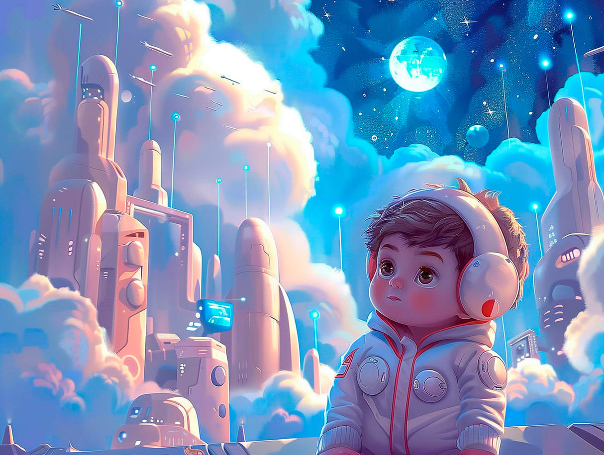 Design file of futuristic cityscape with dreamy astronaut floating above glowing buildings