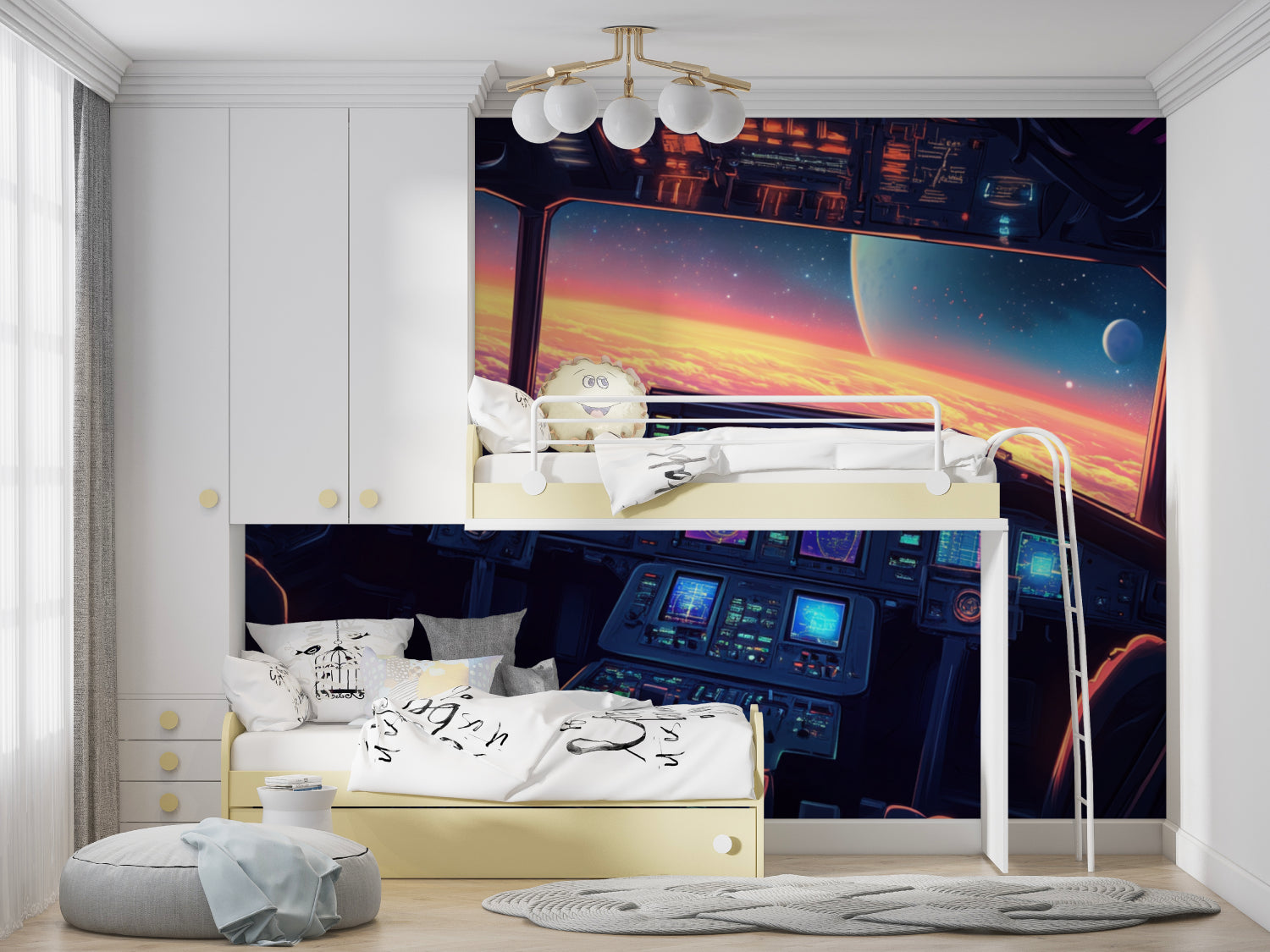 Futuristic spacecraft cockpit mural in kid's bedroom with space-themed decorations