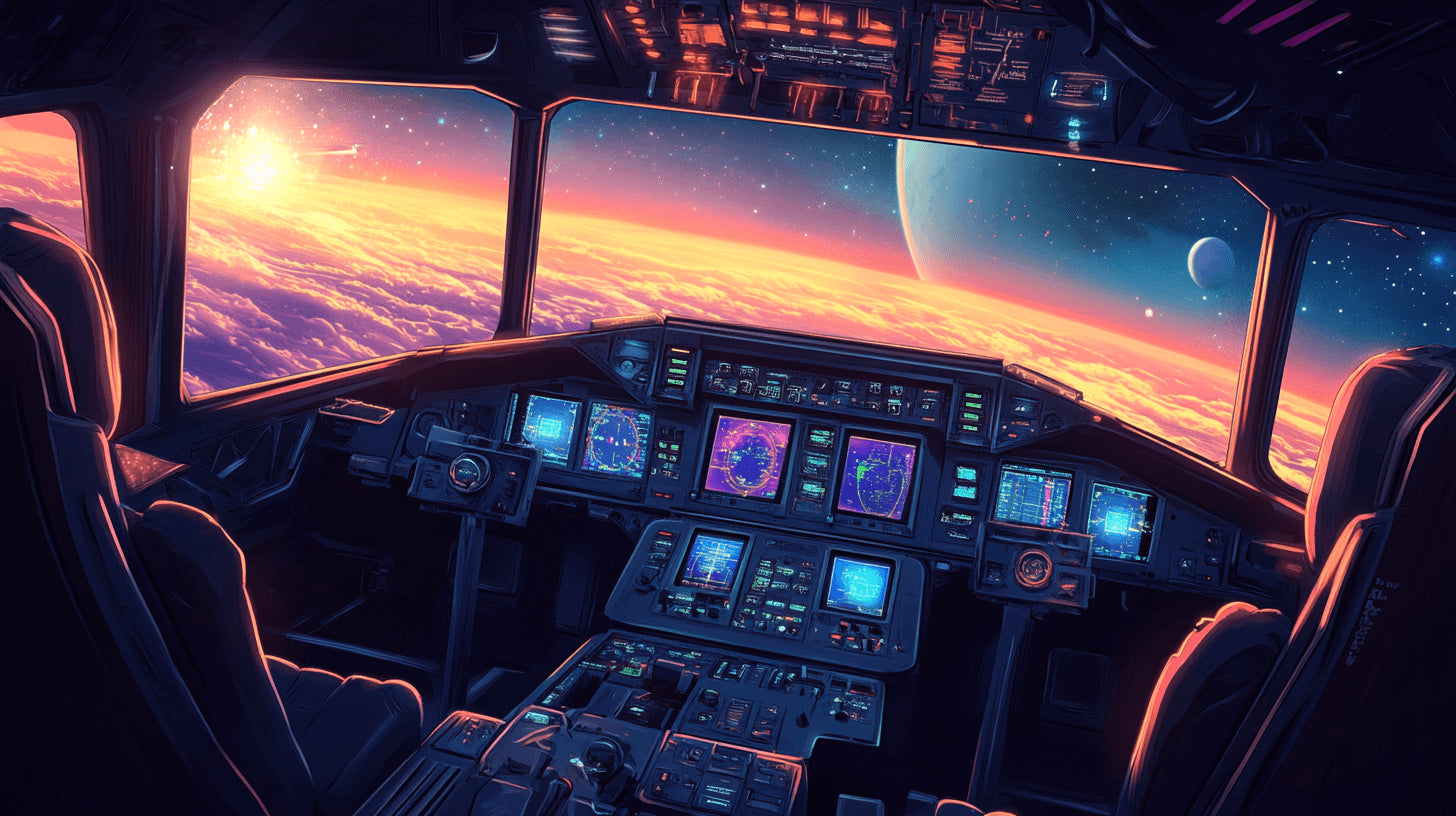 Space cockpit wallpaper design file showing detailed control panel and sunset galaxy view